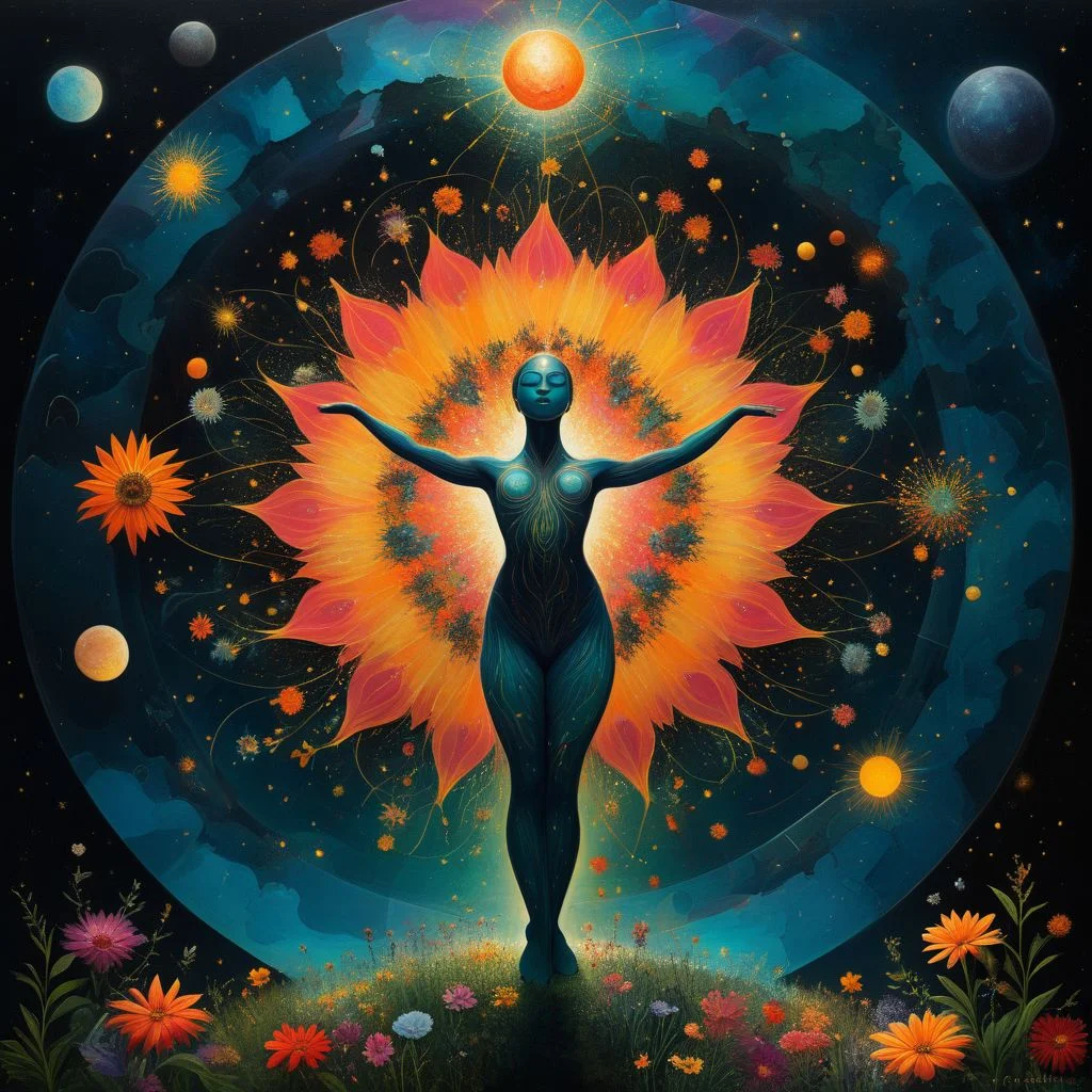 artmndl, dancer in the dark, cosmic biosphere, flowers, celestials, vibrant colorstory, masterpiece
