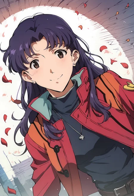 score_9, score_8_up, score_7_up, score_6_up, score_5_up, score_4_up,1girl,m1sat0, sakura bloom,falling petals, tokyo, rainbow, <lora:m1sat0mbm1XL_Pony_v1:1> , purple hair, solo, long hair, earrings, brown eyes,looking at viewer,smile