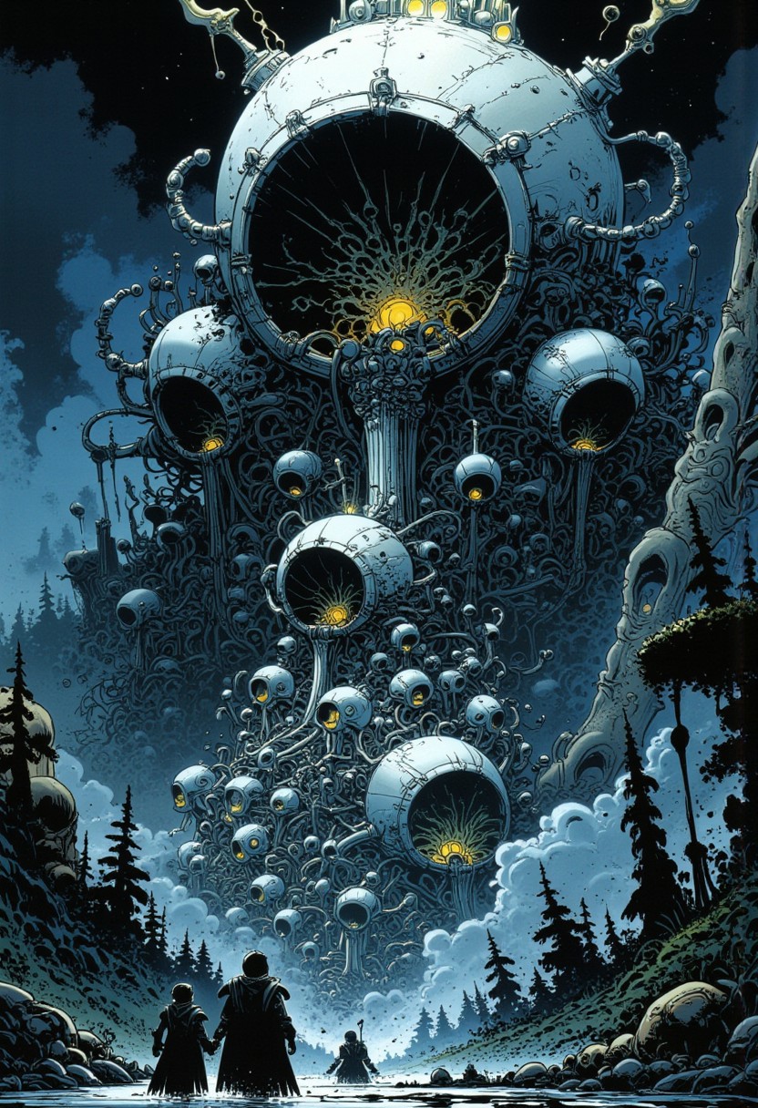 A hyper-detailed, mythic dark fantasy vision unveils a sprawling city built within the colossal, skeletal remains of a fallen Titan, its massive ribcage forming an immense cathedral-like enclosure. The bones, weathered by time, shimmer with veins of molten silver, feeding the strange technology that keeps the city alive. The inhabitants, cloaked figures with luminous glyphs etched into their skin, move with purpose, tending to the ancient machinery that hums beneath the Titan’s spine. At the city’s heart, an enormous, still-beating heart of petrified stone pulses with an eerie, rhythmic thrum, sending slow, thunderous echoes across the silent valley. The Titan’s skull, partially buried in the mountainside, remains open-mouthed, its empty sockets gazing skyward as if longing for something lost. Deep beneath the city, a hidden chamber stirs, its doors carved with warnings in languages long forgotten. The Titan is not as dead as it seems.