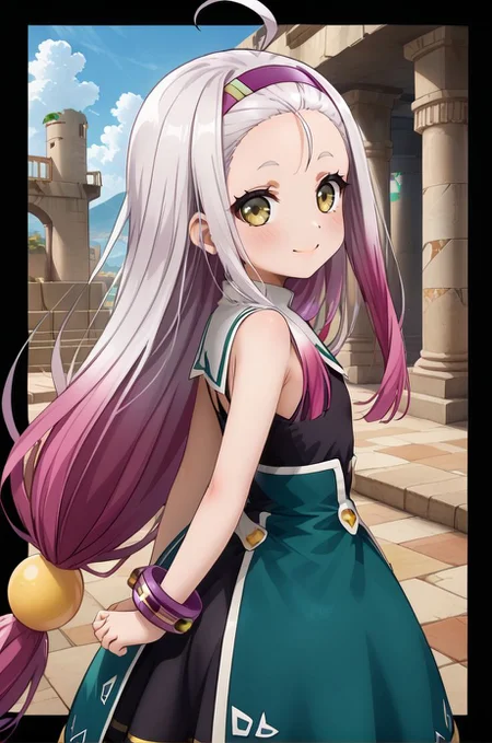 <lora:add-detail-xl:1>source anime, detailed, official art, masterpiece,
<lora:HandFineTuning_XL:1>
BREAK,
factory, sci-fi, ruins, from behind, looking back,
standing, smile, (open smile:0.8), cowboy shot,
BREAK,
<lora:poisson_pdxl_v03:0.8>poisson, multicolored hair, very long hair, small eyebrows, purple highlights, yellow eyes, ahoge, silver hair, hairband, forehead, black dress, bracelet, light smile, green waist cape