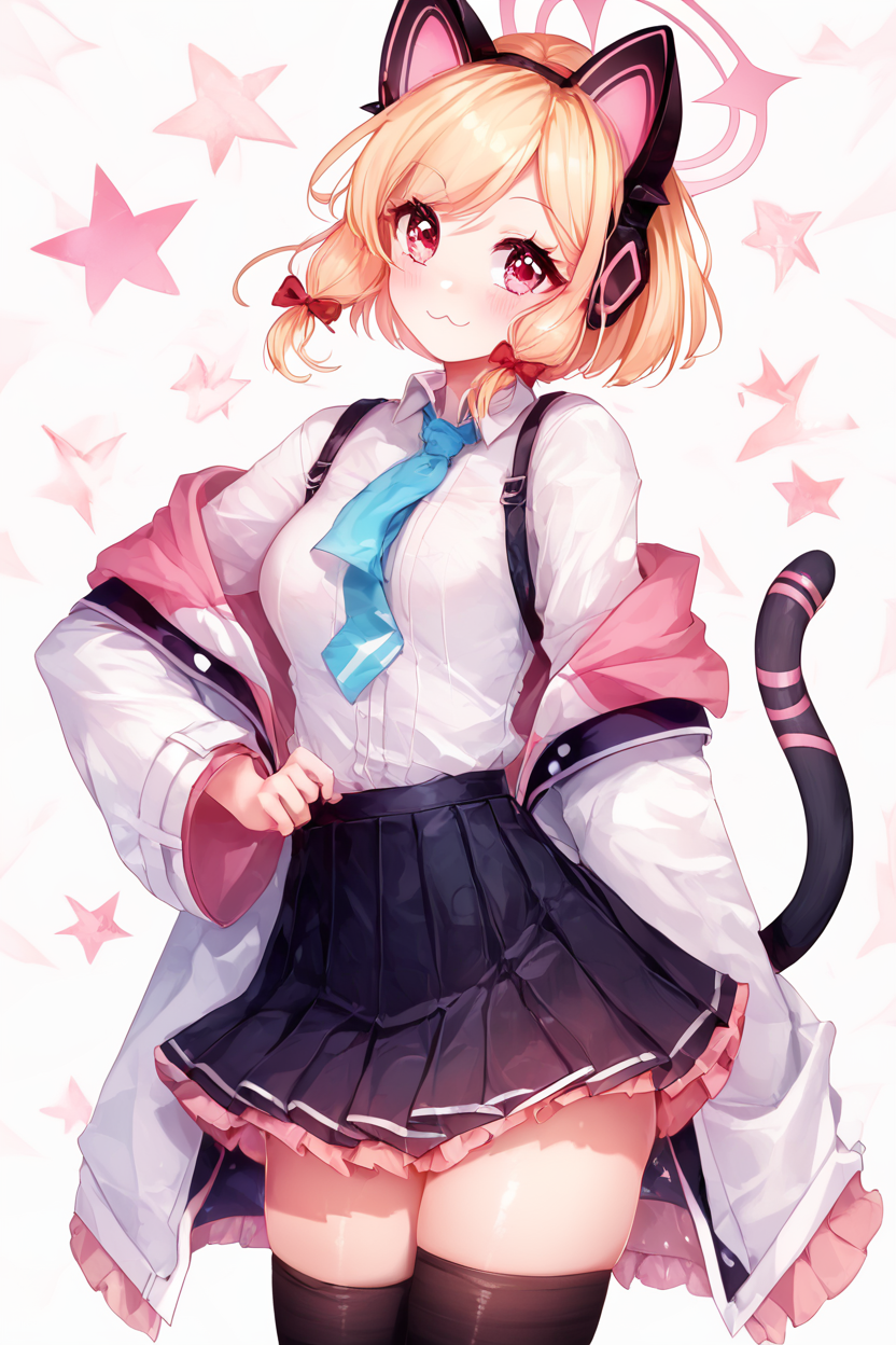 score_9, score_8_up, score_8, medium breasts, (curvy), cute, eyelashes,       BREAK, , ,,, zzMomoi, blonde hair, animal ears, fake animal ears, animal ear headphones, headphones, short hair, bow, halo, cat ear headphones, hair bow, red bow, pink eyes, pink halo, tail, cat tail, red eyes, collared shirt, long sleeves, pleated skirt,  white shirt, black skirt, blue necktie, white jacket, wide sleeves, black thighhighs, suspender skirt ,<lora:Momoi_BlueArchive_PDXL:0.8>,    ,,,, BREAK, smile, closed mouth, looking at viewer, cowboy shot, ,,, embedding:zPDXL, Expressiveh, ,,, <lora:Puppypaww_Style_PDXL_v2:0.8>, <lora:SDXLFaeTastic2400:0.5>, <lora:Expressive_H-000001:0.4>,
