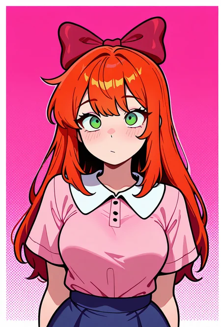 <lora:elizabafton-10:1> elizabafton, 1girl, red hair bow, long orange hair, green eyes, short sleeves, pink shirt, blue skirt, white shirt collar, pink background, medium breasts,, masterpiece, best quality, amazing quality, very aesthetic, absurdres, newest,, upper body, halftone effect, white borders, abstract background:1.2,