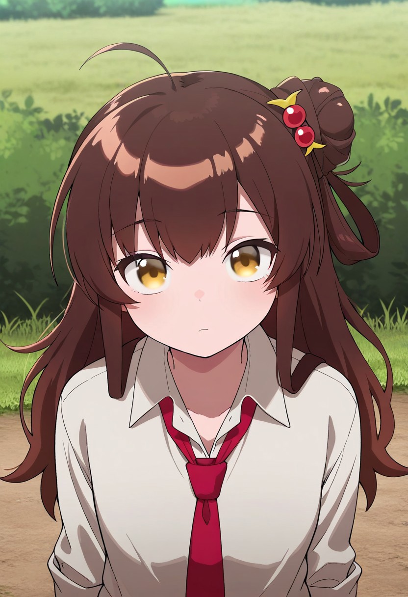masterpiece,best quality,amazing quality, raspberry meg, long hair, brown hair, golden eyes, hair bun, 1girl, solo, hair ornament, necktie, looking at viewer, outdoors, red necktie, ahoge, bush, grass, shirt