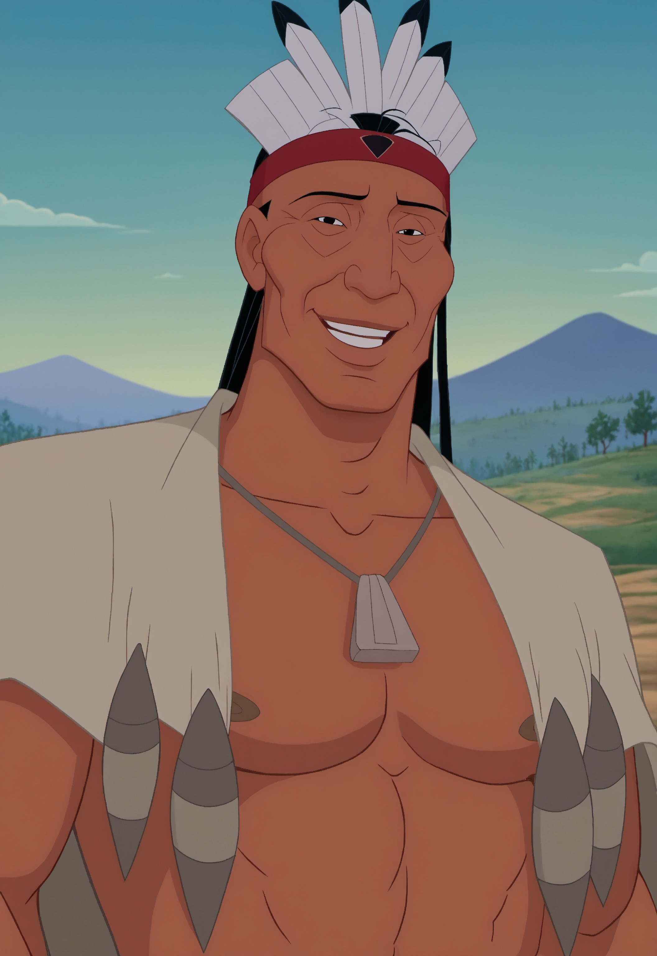 safe_pos, safe_pos, safe_pos, safe_pos, safe_pos, safe_pos, score_9, score_8_up, rating_nsfw, ultra hd, absurdres, best quality, best aesthetic, masculine, solo, 1boy, male focus, perfect proportions, handsome, erotic, alluring, mature male, coloured

DisneyPowhatan, native american, revealing clothing, dark-skinned male, headband, black hair, black eyes, wilderness, outdoor background, looking at viewer, smiling, best lighting. half body