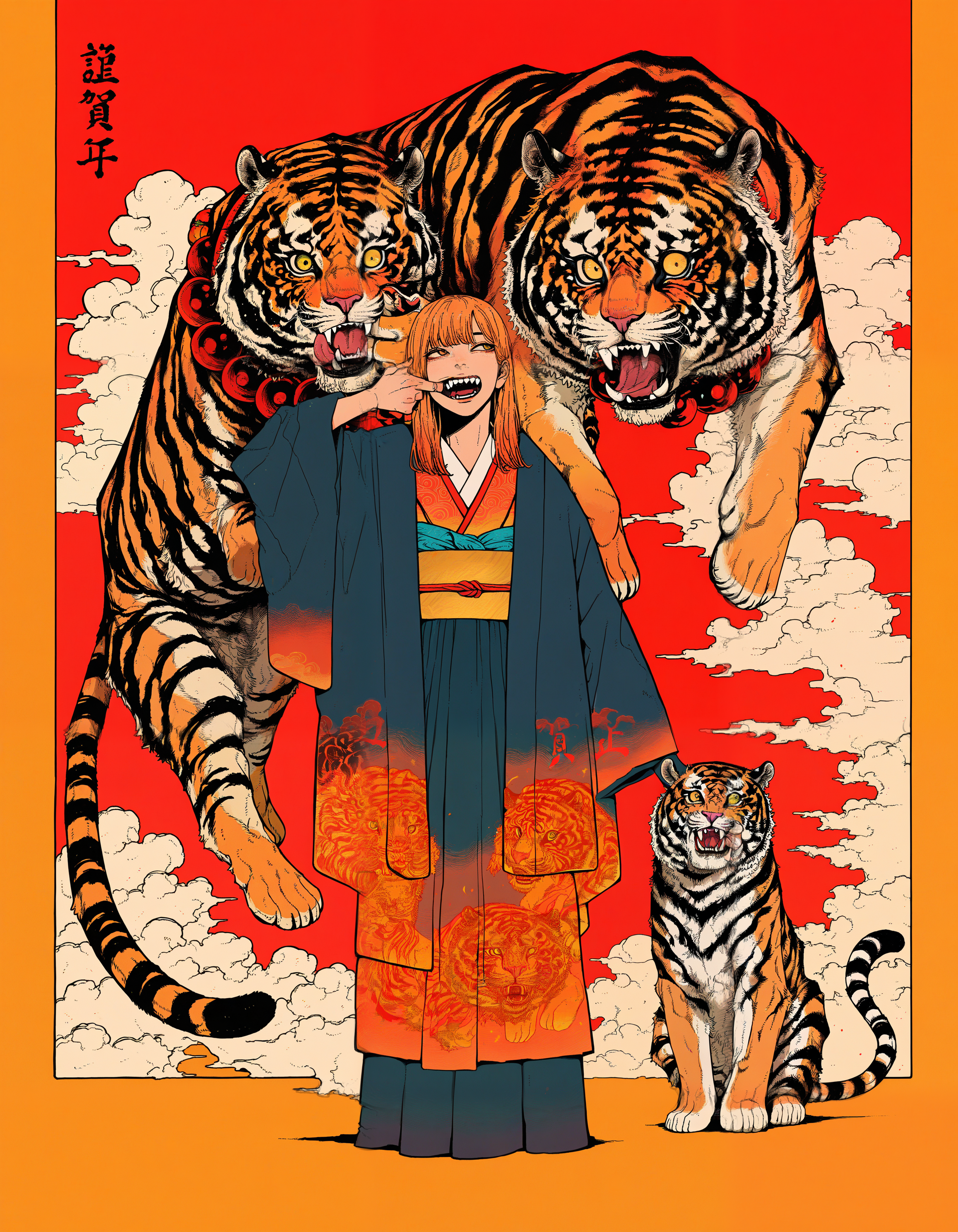 amazing quality, newest, absurdres, realistic lighting,   1girl, ginger hair, cloud kimono, long dress, tiger, chinese new year, year of the tiger, two-tone background, red background, orange background, mouth pull,   straight-on, looking afar,   <lora:kou_tamagosan1001>
