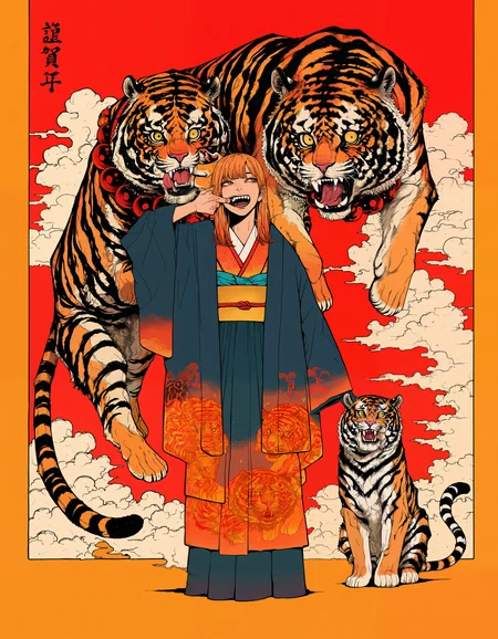 amazing quality, newest, absurdres, realistic lighting, 1girl, ginger hair, cloud kimono, long dress, tiger, chinese new year, year of the tiger, two-tone background, red background, orange background, mouth pull, straight-on, looking afar, <lora:kou_tamagosan1001>