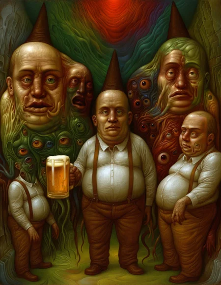 artist: chris mars, good quality, best quality, highres, masterpiece, painterly, western artwork, surreal, surrealism, colorful,
fat man with conjoined twin heads. multiple eyes, body horror, highly detailed human physique, (detailed:1.2), intricate composition, holding a beer mug, ambient atmospheric lighting, big smiles, expressions, room interior, claustrophobia, suspenders, brown pants, bobbin hat, <lora:Melancholy illustrious:0.7>,