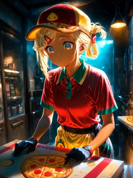 <lora:PizzaCR2XL:1>, PCo_CR, 1girl, dark skin, red two-tone collared shirt, black shorts, medium hair, pizza hat, black gloves, hairclip, short sleeves, polo shirt, pizza apron, folded ponytail, two-tone eyes, wristwatch, 
siiqa vivi, shuri (84k) <lora:spo_sdxl_10ep_4k-data_lora_webui:0.5><lora:cfg_scale_boost:0.9> bored, pizza box, dark-skinned female, bored, looking down, 
volumetric lighting, masterpiece, best quality, amazing quality, very aesthetic, absurdres, newest, soft lighting, dim lighting, lazypos