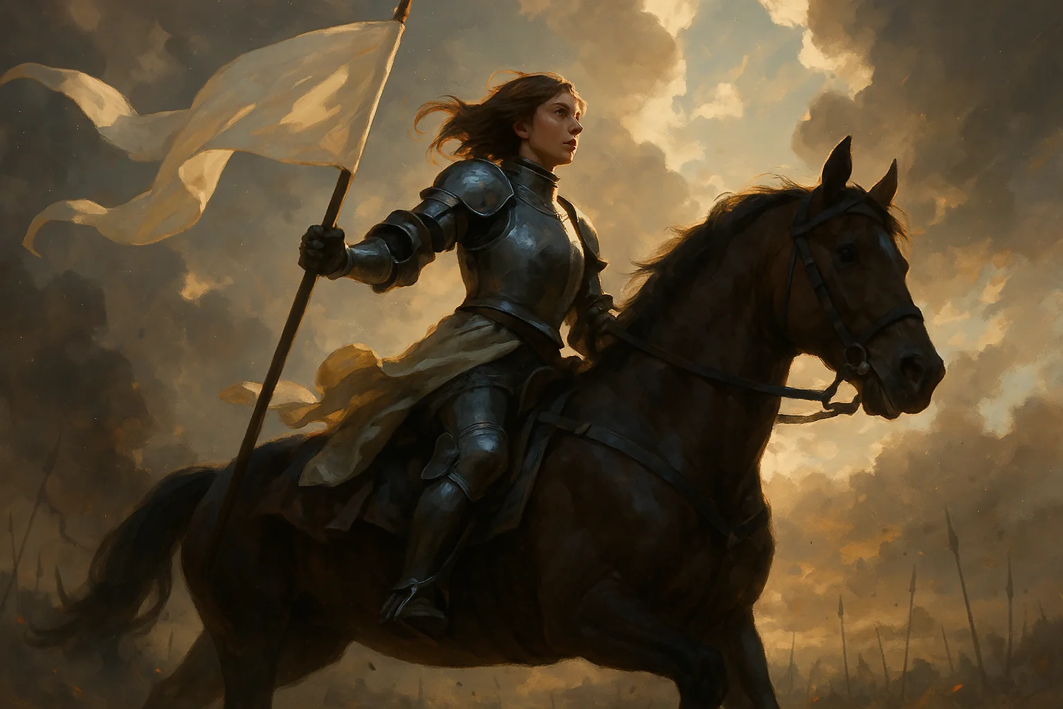 joan of arc on horseback at the edge of a battlefield, holding a tall white banner that waves in the wind, wearing shining medieval armor with a flowing cloth tabard, cinematic painterly 3d style with soft cel-shaded lighting and detailed stylized rendering, low-angle dynamic tracking shot circling the horse, dramatic sunlight piercing through clouds and smoke, wind blowing her hair and banner, realistic cloth physics and horse motion, rim lighting on armor edges, atmospheric particles in the air, heroic composition with emphasis on form, depth, and movement

