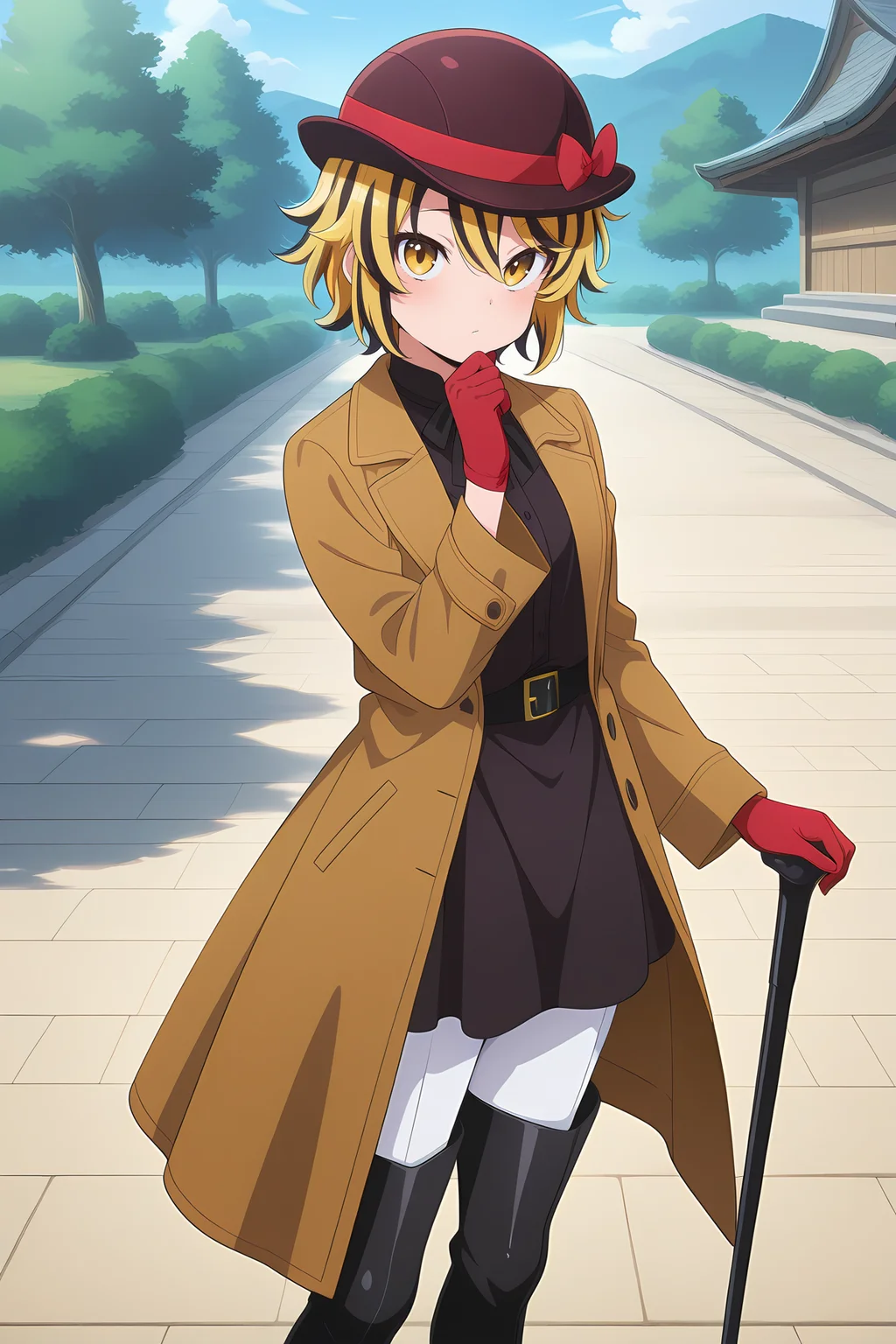 absurdres, highres, masterpiece, best quality, amazing quality, official anime artwork, screencap, anime screencap, outdoors, looking at viewer, hand on chin, thinking,
<lora:Shou-Toramaru_Illustrious:1> toramaru shou, 1girl, solo, two-tone hair, blonde hair, black hair, yellow eyes, short hair, streaked hair,, toramaru shou \(famous detective's famous assistant\), alternate costume, black dress, black hat, bowler hat, red hat ribbon, formal clothes, brown coat, open coat, long sleeves, red gloves, black belt, white pants, black boots, high heels, thigh boots, holding cane,