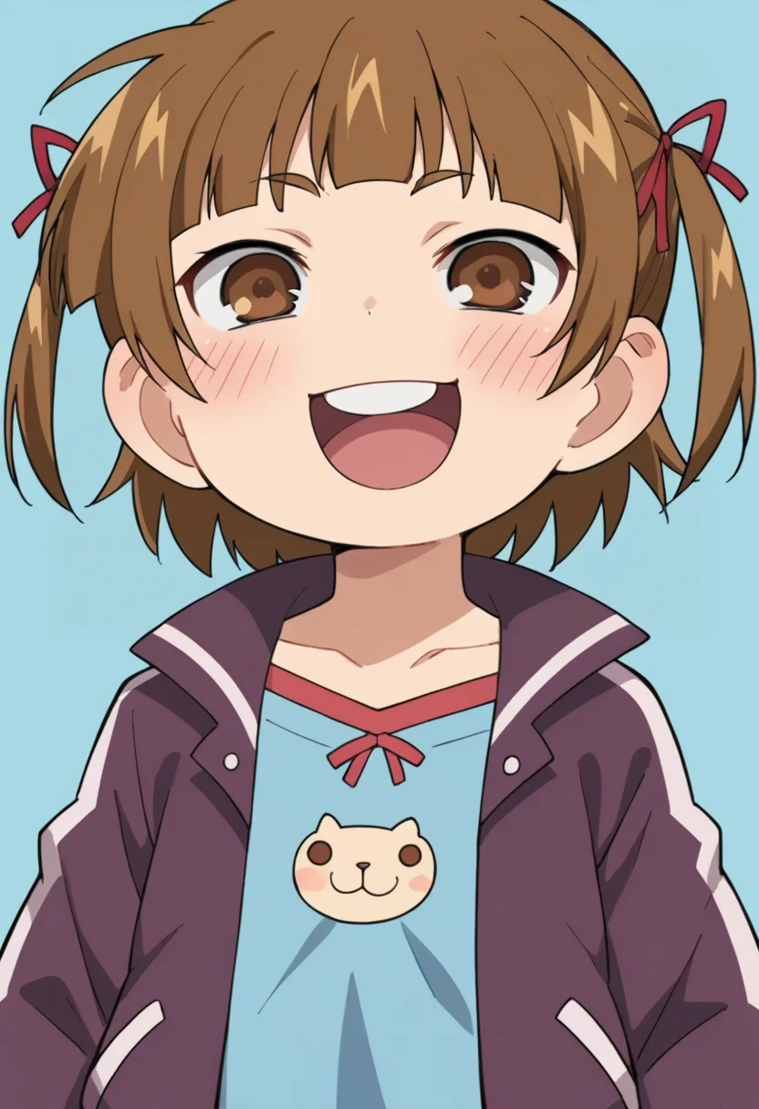 score_9, score_8_up, score_8, source_anime, <lora:MitsubaMarui:0.8> chibi, 1girl, brown hair, brown eyes, solo, twintails, short twintails, short hair, hair ribbon, purple jacket, blue shirt, blush, happy, laugh, 
simple background, light blue background,
