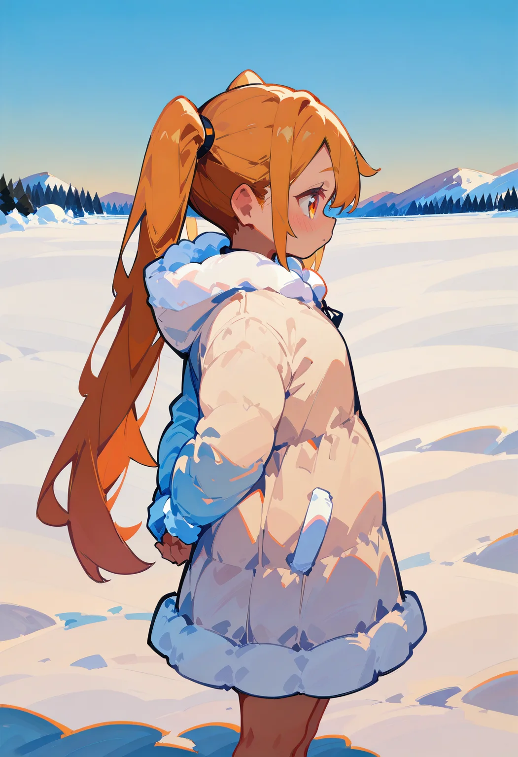 1girl, golden hair, very long hair, twintails, orange eye, tiny breasts, plump,
BREAK 1girl, sideview, hands behind back,
BREAK onepiece dress, thick fluffy coat, snowy field, (winter clothes, thick clothes),
BREAK safe, masterpiece, best quality, very aesthetic, absurdres, highres, newest, <lora:ponyv5_noobV065S_1_adamW:0.7>, <lora:lora:0.4>, <lora:Unstable_v1.0:1.0>