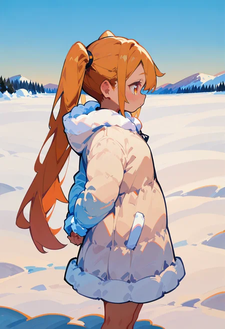 1girl,   golden hair, very long hair,  twintails,   orange eye, tiny breasts,  plump,  
BREAK   1girl, sideview, hands behind back,       
BREAK               onepiece dress, thick fluffy coat,  snowy field, (winter clothes, thick clothes),     
BREAK safe, masterpiece, best quality, very aesthetic, absurdres, highres, newest, <lora:ponyv5_noobV065S_1_adamW:0.7>, <lora:lora:0.4>, <lora:Unstable_v1.0:1.0>