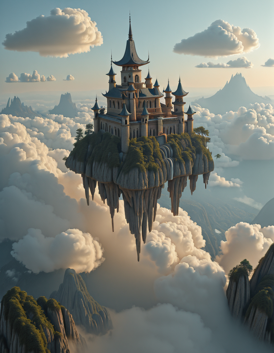 <lora:MW_Minis01ill:1> mwm01. A majestic fantasy castle with traditional East Asian architectural elements, perched atop a tall, narrow floating island of rock, surrounded by lush greenery. The scene is set high above the clouds in a mountainous region, with mist rolling through the deep valleys below. The castle features ornate curved rooftops, spires, and a grand entrance, all bathed in soft morning light. The overall atmosphere is serene and ethereal, with a dreamlike quality enhanced by the low-angle aerial view showcasing the dramatic height and isolation of the floating island. Puffy clouds and distant mountain peaks fill the background under a clear, pastel blue sky.