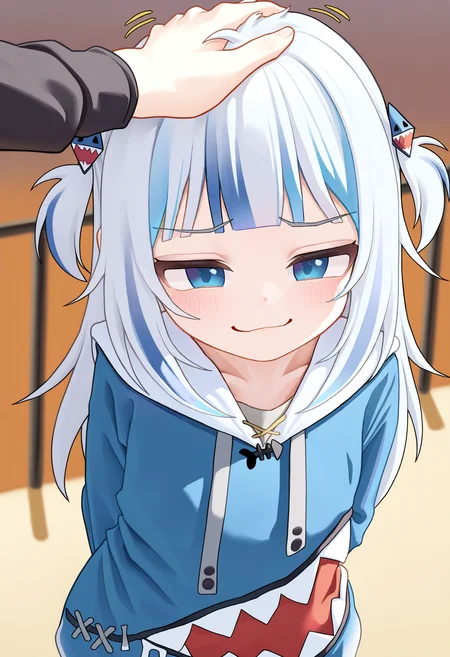 masterpiece, best quality, good quality,
fkey, ugaaaa1, (tenroy:0.8),
gawr gura, gawr gura \\(1st costume\\), 1girl, solo, long hair, looking at viewer, smile, blue eyes, long sleeves, hair ornament, blue hair, upper body, grey hair, multicolored hair, virtual youtuber, hood, blunt bangs, blurry, smug, streaked hair, two side up, sleeves past wrists, hoodie, blurry background, hood down, railing, blue hoodie, shark hair ornament, arms behind back, headpat, (mesugaki, motion lines:1.1), from above,
<lora:illustrious_styles_v3_vpred:1>