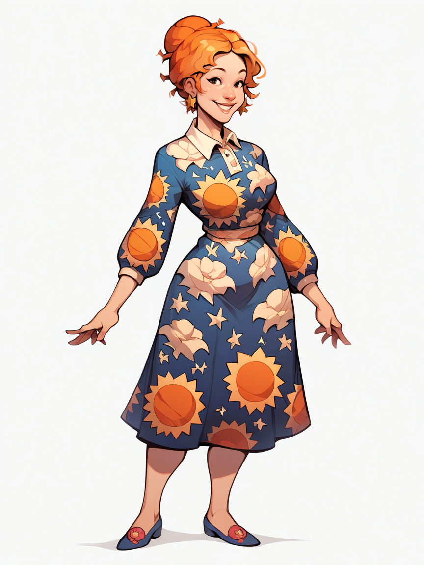 score_9, score_8_up, score_7_up, score_6_up, score_5_up,    <lora:msfrizzleXLP:0.8> ms frizzle, orange hair, 1girl, solo, smile, single hair bun, print dress, curvy, pinup, full body, white background,