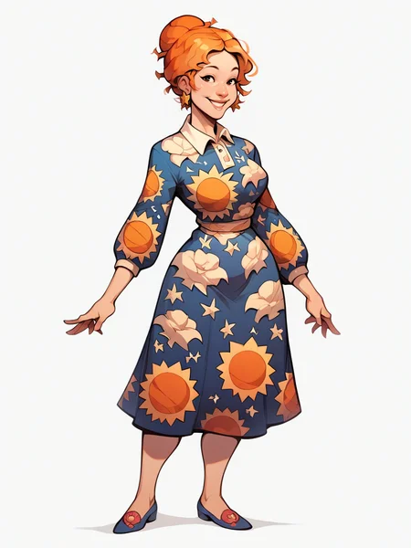 score_9, score_8_up, score_7_up, score_6_up, score_5_up, <lora:msfrizzleXLP:0.8> ms frizzle, orange hair, 1girl, solo, smile, single hair bun, print dress, curvy, pinup, full body, white background,