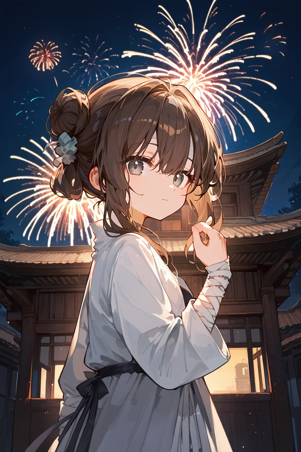 (score_9,score_8_up,score_7_up),<lora:mansui-v1-000008:0.8>,mansui,1girl,solo,fireworks,outdoors,bandages,night,brown hair,bandaged arm,sky,looking at viewer,bangs,hair bun,grey eyes,long hair,building,closed mouth,hair between eyes,long sleeves,scrunchie,hair ornament,night sky,sidelocks,single hair bun,hand up,architecture,dress,
good feet,anime,NSFW,expressive,amazing quality,ultra hd 32k,
