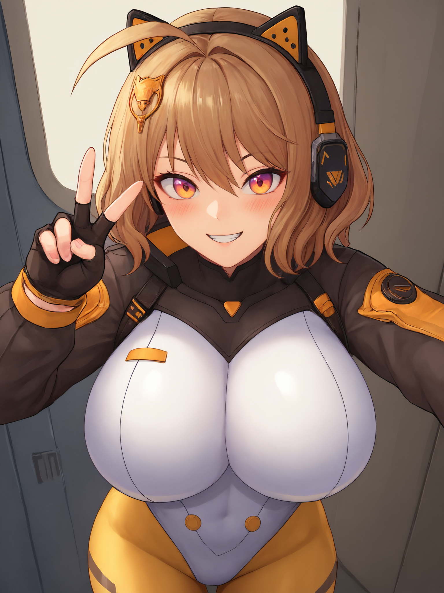 score_9, score_8_up, score_7_up, 1girl, solo, BREAK,
anis2ndannilivestream, yellow bodysuit, white leotard, shrug \(clothing\), long sleeves, black gloves, fingerless gloves, <lora:Anis_2nd_Anniversary_Livestream_Bodysuit:0.6>, BREAK,
brown hair, wavy hair, medium hair, hair ornament, ahoge, animal ear earphones, hair between eyes, huge breasts, BREAK,
blush, grin, teeth, looking at viewer, selfie, v, peace sign, reaching towards viewer, hand out of frame, BREAK,
from above, dutch angle, spacecraft interior, space station, science fiction