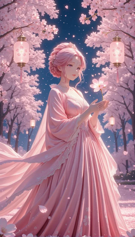 masterpiece, best quality, amazing quality, very aesthetic, absurdres, detailed eyes, newest, pinkenchantedmj, <lora:PinkieEnchantedMJIL:0.8>,
1girl, pink hair, braided updo, cherry blossom petals, pastel pink gown, gradient hem, floral lace, sparkling sequins, magical garden, blooming cherry blossoms, glowing lanterns, floating petals, gentle breeze