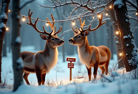 Christmas reindeer putting up strings of lights on trees, one deer looking confused and wrapped in a strig of Christmas lights, ((A sign says ("Buzz to put up Lights!!"))) outside, snowy meadow, snow covered trees in the background, glittery frost and ice, cheerful, magical, detailed fur,
high resolution, detailed, 4k, realism, rule of thirds, golden ratio, depth of field,