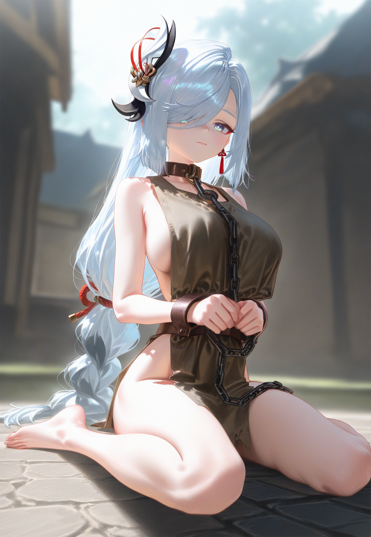 (quasarcake:0.5), (reoen:0.95), (hiro \(dismaless\):1.05), (baffu:0.85), 
full body, 1girl, solo, mature female, shenhe \(genshin impact\), hair over one eye, hair ornament,  slave clothes, chain, collar, brown collar, wariza, barefoot, slave, 
blurry background, outdoors, 
masterpiece, best quality, amazing quality, very aesthetic, absurdres, best shadows, newest <lora:slave_clothes:0.9>