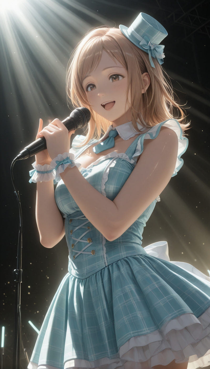 <lora:LCMTurboMix_Euler_A_fix:1> <lora:example_SDXL:0.3>, EZRealPONYXL, <lora:Dramatic Lighting Slider:3>
DSLR,realistic,cosplay photo, (very awa,masterpiece,best quality,year 2024,newest,absurdres,highres:1), realistic,skin texture,facial features, photography shot with Canon EOS 5D Mark IV , realistic, RAW, best quality, masterpiece, amazing quality, skin details,
1girl, highly detailed beautiful face, natural breasts,
detailed background, shiny skin, dutch angle, night, moonlight,
beautiful detailed eyes, intricate details, absurdres, anime screencap,
<lora:SakuragiMano_IdolMaster_ILXL_kill0825:1>
IMSakuragiMano, 1girl, solo, long hair, breasts, looking at viewer, blush, smile, open mouth, brown hair, dress, hat, holding, bow, ribbon, medium breasts, brown eyes, standing, flower, :d, cowboy shot, frills, necktie, sleeveless, medium hair, collar, hands up, wrist cuffs, clothing cutout, plaid, sleeveless dress, swept bangs, blue dress, frilled dress, light brown hair, blue ribbon, hat ribbon, microphone, blue headwear, corset, blue necktie, dot nose, top hat, mini hat, light rays, collared dress, music, underbust, wrist scrunchie, pleated dress, holding microphone, idol, tilted headwear, white collar, singing, mini top hat, frilled collar, dress bow, stage, idol clothes, plaid dress, spotlight, glowstick, stage lights, aqua dress, plaid headwear, frilled cuffs, skirt, pleated skirt, cleavage cutout