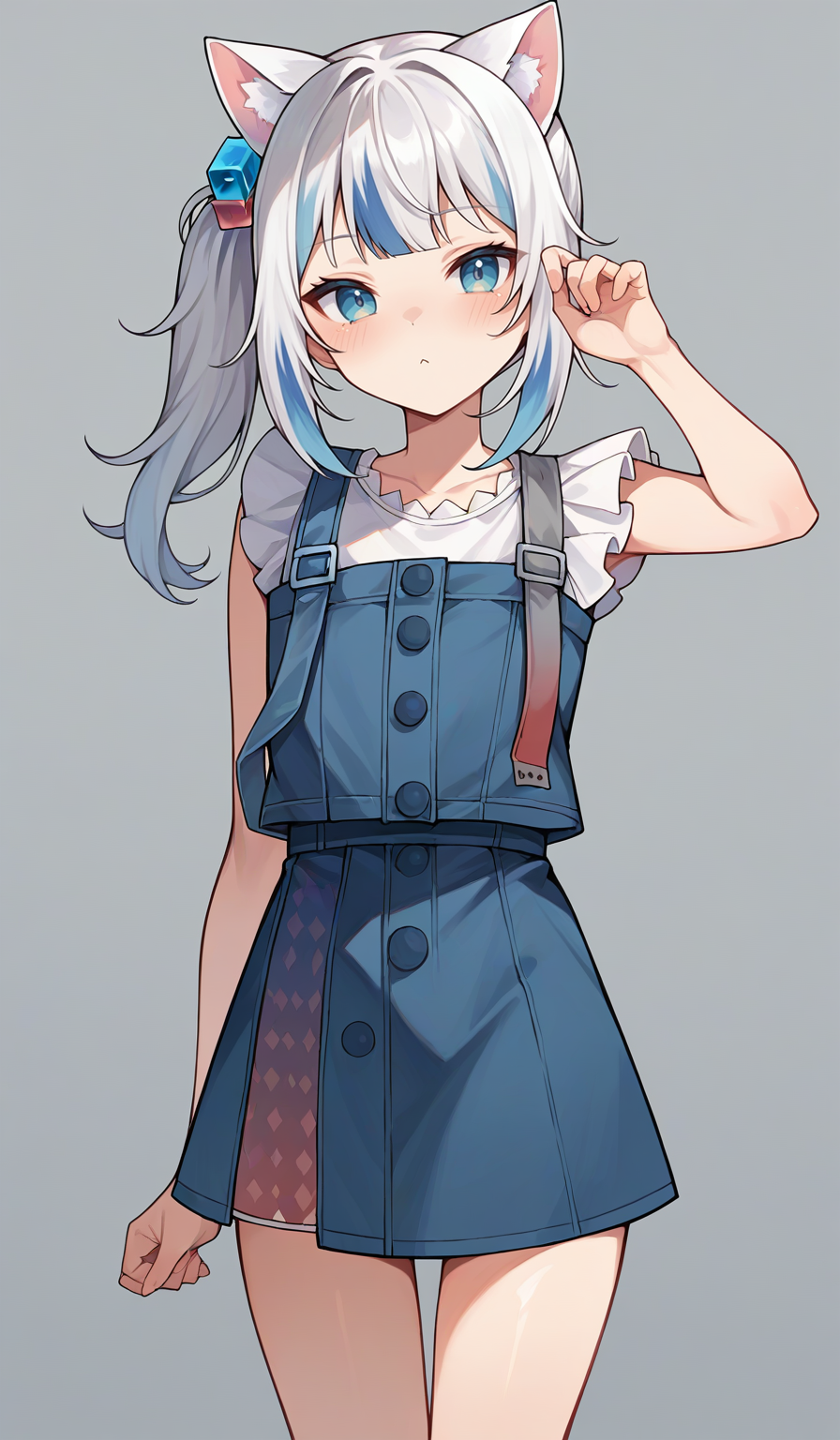 score_9,score_8_up,score_7_up,score_6_up,score_5_up,score_4_up,
1girl, gawr gura, virtual youtuber, side ponytail, cube hair ornament, short sleeves, frilled sleeves, white sleeveless shirt, skirt set, suspenders, pinafore dress, flat chest, cat ears, 
solo, grey background, simple background, looking at viewer, cowboy shot, 
<lora:guraponyxl6:1>