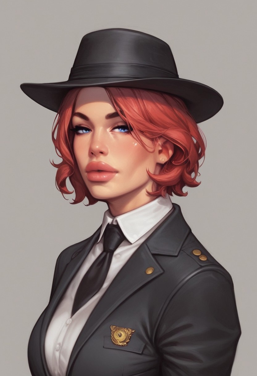 (masterpiece, best quality, 4K, anime),1girl, mature, solo, (intense crimson hair), short hair, bob cut, wavy hair, bangs, blue eyes, beautiful eyes, perfect eyes, culpted nose, natural color lips, black striped suit, white shirt, black blazer ,black pants, belt, black necktie, (black fedora hat), long coat, two tone shoes, black and white shoes, vintage style, vintage, looking at viewer, high resolution textures, cinematic, extremely detailed
((full-clothed)),
BREAK 
strange world background score_9, score_8_up, score_7_up, score_6_up, source_cartoon, rating_explicit, Expressiveh, (((((upper body, portrait))))), dynamic pose
