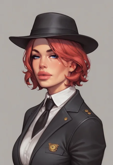 (masterpiece, best quality, 4K, anime),1girl, mature, solo, (intense crimson hair), short hair, bob cut, wavy hair, bangs, blue eyes, beautiful eyes, perfect eyes, culpted nose, natural color lips, black striped suit, white shirt, black blazer ,black pants, belt, black necktie, (black fedora hat), long coat, two tone shoes, black and white shoes, vintage style, vintage, looking at viewer, high resolution textures, cinematic, extremely detailed
((full-clothed)),
BREAK
strange world background score_9, score_8_up, score_7_up, score_6_up, source_cartoon, rating_explicit, Expressiveh, (((((upper body, portrait))))), dynamic pose