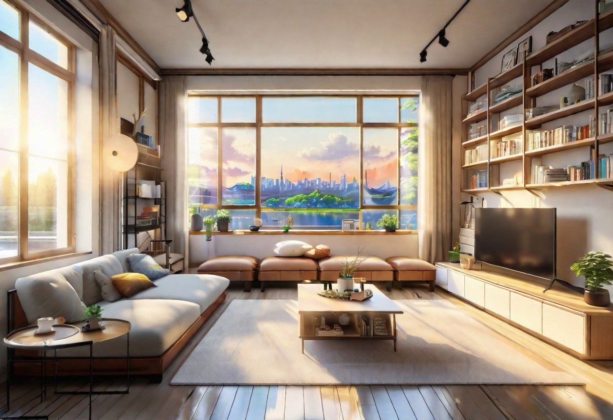 front view, anime-style, modern-style interior, with white walls and large windows, Nordic-style furniture, a  study, Sofa, coffee table, bookcase, single wall, 
warm light morning sun, (the view of the city)