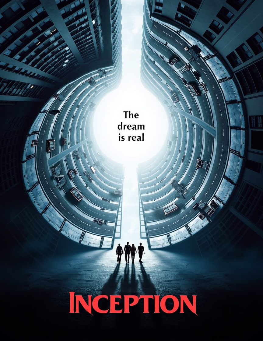 a movie poster,  It features a dynamic and surreal visual of a city street bending and warping upwards in a curve, enveloping the sky, creating a dream-like and disorienting effect. The scene is centered on a group of people walking along the street. The tagline "The dream is real" is displayed above, reinforcing the film's theme of exploring the blurred line between reality and dreams. The overall color palette is blue and gray, adding a mysterious, futuristic tone. The title "Inception" is boldly displayed at the bottom, This visually striking poster conveys the movie's complex and mind-bending narrative.