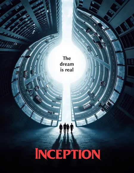 a movie poster, It features a dynamic and surreal visual of a city street bending and warping upwards in a curve, enveloping the sky, creating a dream-like and disorienting effect. The scene is centered on a group of people walking along the street. The tagline "The dream is real" is displayed above, reinforcing the film's theme of exploring the blurred line between reality and dreams. The overall color palette is blue and gray, adding a mysterious, futuristic tone. The title "Inception" is boldly displayed at the bottom, This visually striking poster conveys the movie's complex and mind-bending narrative.