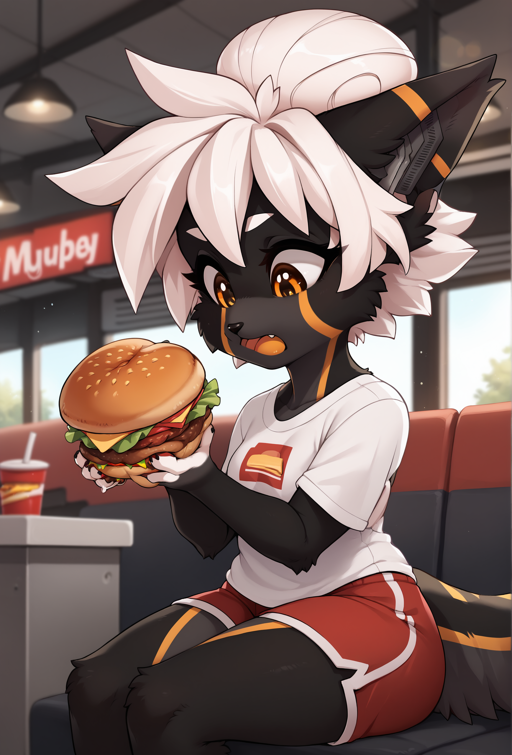 score_9, score_8_up, score_7_up, score_6_up, score_5_up, score_4_up, depth of field, bokeh, indoors, booth seating, diner BREAK 
<lora:warning_fluffkevlar_ponyXL_v1.62_0.99:1.00> fkwarning, 1girl, solo, white hair, hair bun, shortstack, orange eyes, furry, black fur, tail, long tail, (big burger:1.2), holding burger, eating, white t-shirt, red shorts, looking down, open mouth