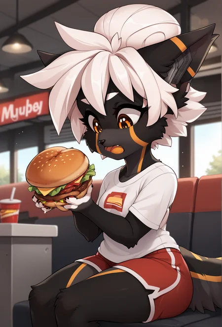 score_9, score_8_up, score_7_up, score_6_up, score_5_up, score_4_up, depth of field, bokeh, indoors, booth seating, diner BREAK
<lora:warning_fluffkevlar_ponyXL_v1.62_0.99:1.00> fkwarning, 1girl, solo, white hair, hair bun, shortstack, orange eyes, furry, black fur, tail, long tail, (big burger:1.2), holding burger, eating, white t-shirt, red shorts, looking down, open mouth