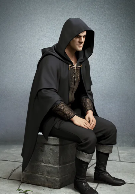 1man, sfw, <lora:Altmer-Male:0.8>, Altmer-Male, 1man, solo, sitting, black robe, hood up,, (masterpiece, best quality, absurdres, detailed, ultra-detailed:1.3), charming, (trending on CGSociety, trending on pixiv, contest winner:1.3)