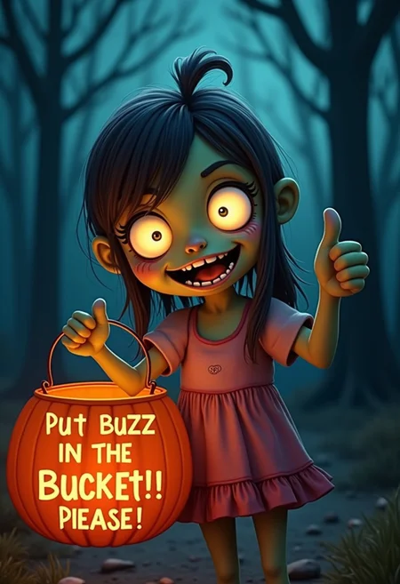 close up cinematic photo, a cute zombie girl, happy facial expression, holding a pumpkin shaped bucket with a sign on it saying ''Put Buzz In The Bucket! Please!'', thumbs up, night time, woods, highly detailed, illustration, high quality, clear, 4k,