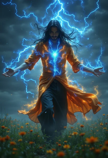<lora:Aura_Flux-000010:1>,photography of a handsome young man with lightning blue aura, long black straight hair, orange black mystical clothing, green grass, flowers, nightsky, stars in the sky.