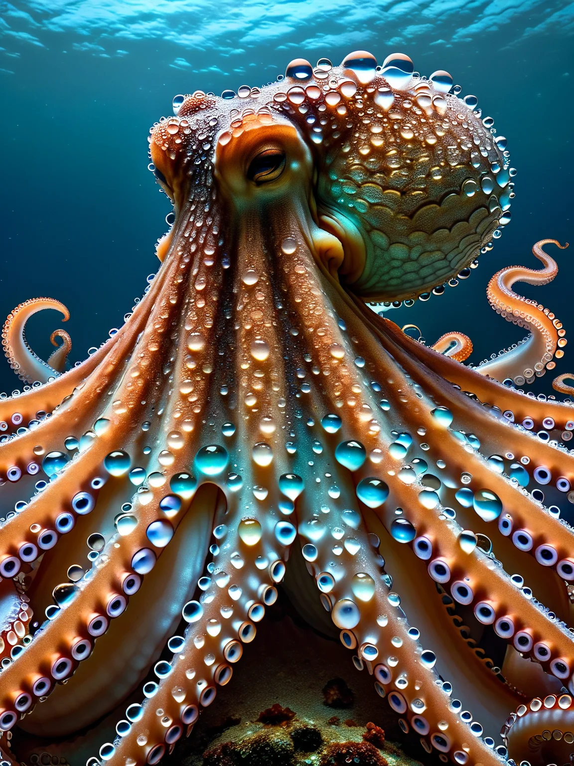 An exquisite and detailed ais-waterdrops octopus, glowing bioluminescence accentuated by large ais-waterdrops drops clinging to their bodies <lora:Waterdrops_Style_SDXL:1>