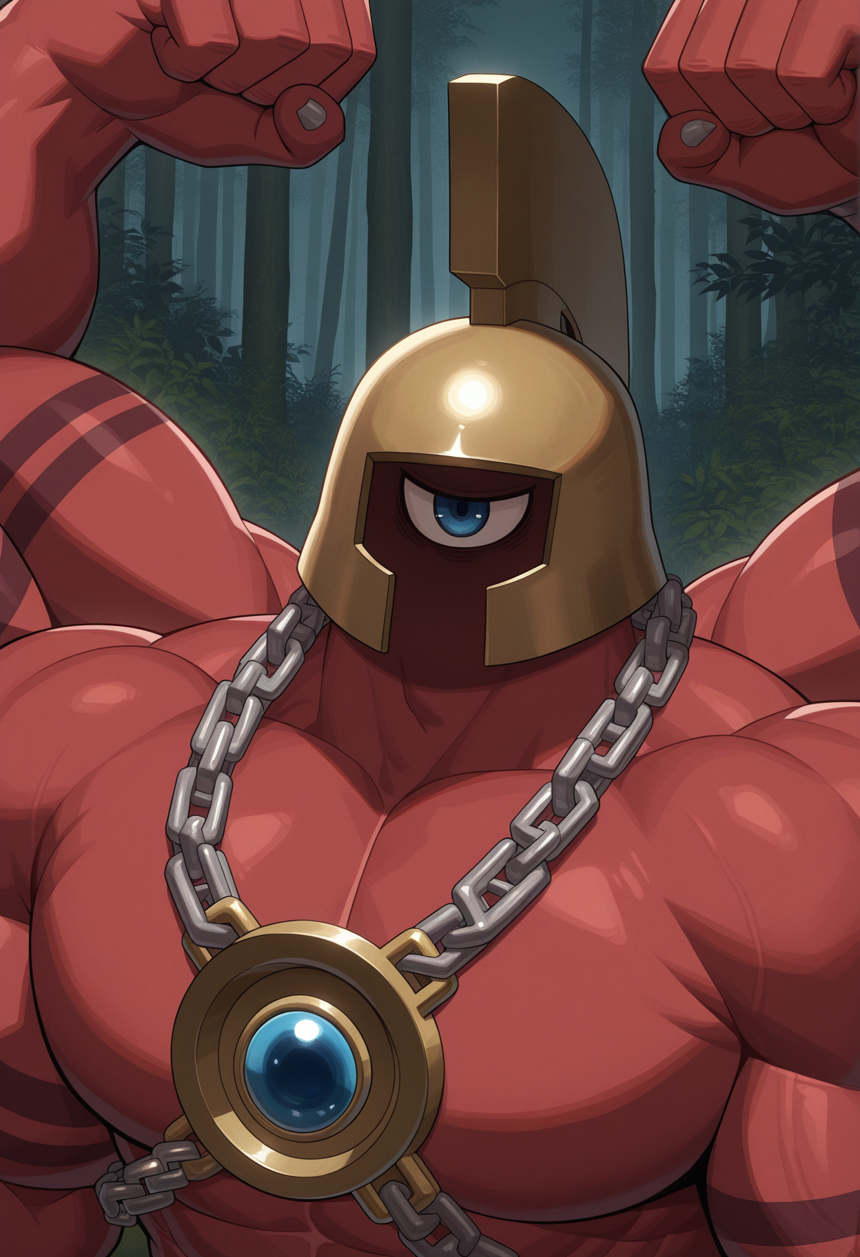 1boy, male focus, bara, muscular, j3rkul3s, helmet, shaded face, red skin, blue eye, cyclops, necklace chain, extra arms, close-up, portrait, outside, nature, 
perfect anatomy, masterpiece, perfect quality, best quality, detailed, newest, very aesthetic   <lora:Jerkules_DragonQuest_V1_ILXL:1.0000000000000002>