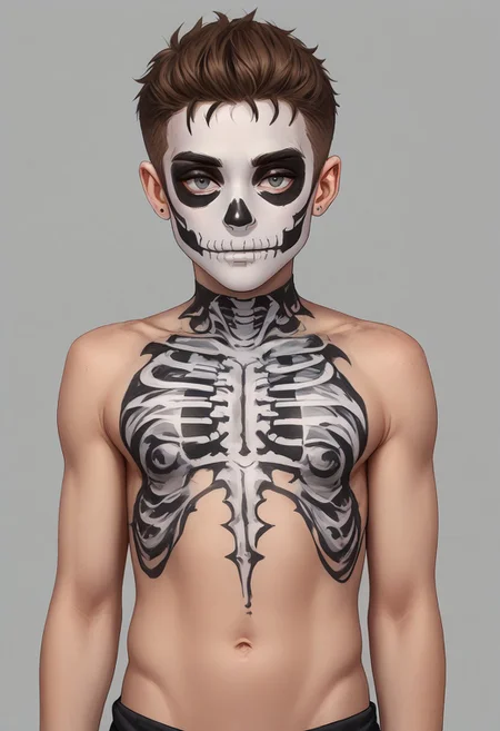 score_9, score_8_up, score_7_up, source_anime, highly detailed, 1boy, solo, cute boy, freckles, grey eyes, SKULLF4C3XL, skull tattoo, facial_tattoo, skeleton makeup, skull facepaint, skeleton body paint, shirtless, navel, pelvis