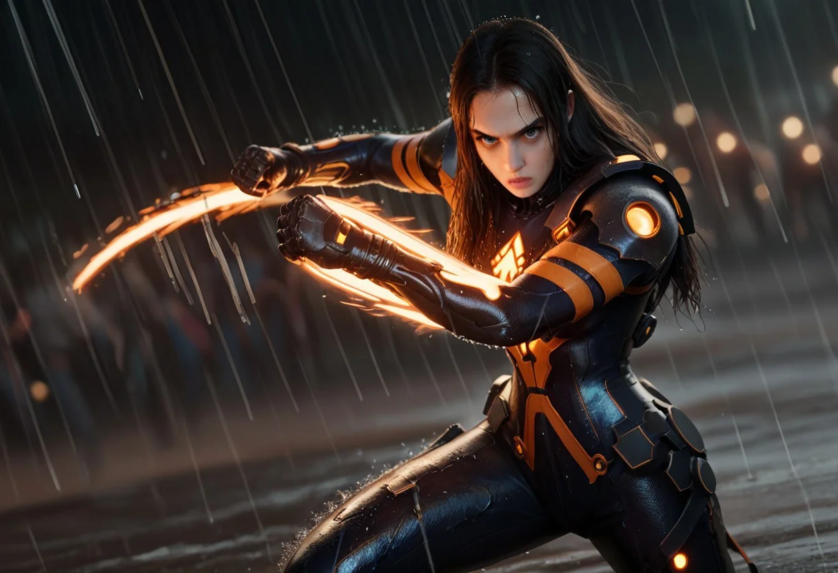 score_9, score_8_up, score_7_up, score_6_up,
stellartachy, 1girl, solo, black hair, black eyes, long hair, (Large black round armored Shoulder pads:1.4), (look at viewer, perfect eyes; 1.5), perfect lips
(orange neon lines), ( black glowing plugsuit:1.3), cyberpunk gloves,
(Wet rain, worm, hurricane: 1.5)
cowboy shot, white background, (epic, movie scene , action scene, fight, colorful, bokeh, god light:1.4), motion blur, action shot