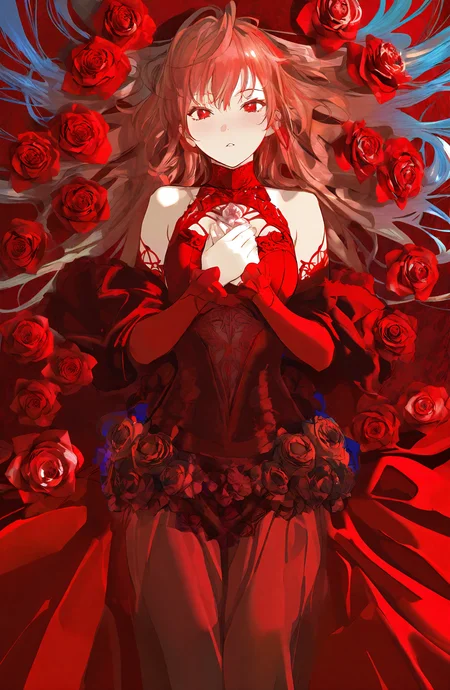 1girl, solo, long_hair, looking_at_viewer, red_eyes, dress, bare_shoulders, flower, lying, on_back, rose, red_dress, red_flower, hands_on_own_chest, red_theme