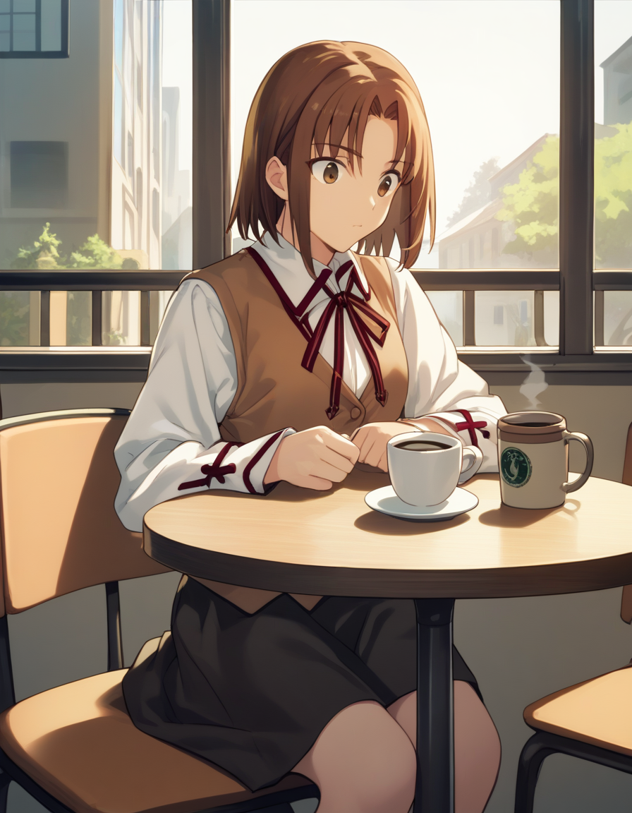 score_9,  score_8_up, score_7_up, source_anime
<lora:ayako-ponyxl-000035:1>  mitsuzuri, homurahara academy school uniform, vest, brown vest, black skirt,
1girl, sitting, cafe, coffee, chair, table