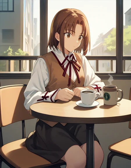 score_9,  score_8_up, score_7_up, source_anime
<lora:ayako-ponyxl-000035:1>  mitsuzuri, homurahara academy school uniform, vest, brown vest, black skirt,
1girl, sitting, cafe, coffee, chair, table
