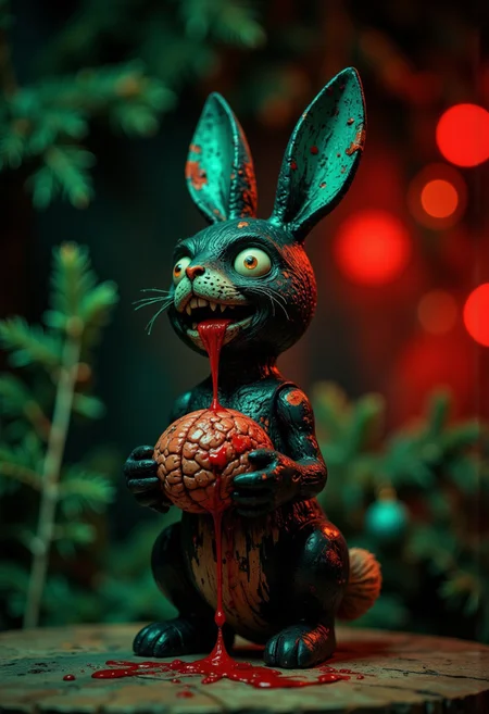 A high-quality, body shot close-up photograph of a ck-owct style hand-painted wooden Christmas toy featuring a skinny one-arm cute little black zombie rabbit with a ripped ear, long teeth and eating a human brain flowing with blood. Green and red vivid ambient light.