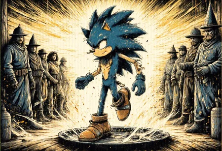 text saying "The Buzzord of the Rings", gritty Ssonic the Hedgehog sniffing a line of SuchBuzzLogo on a silver plate looking like cocaine, speed running through laser rays inside a medieval themed rave party, shots fired, indoors, nazguls and wizards dancing around him, shadows, stromboscope, natural lighting, shocked, score_8_up, score_7_up