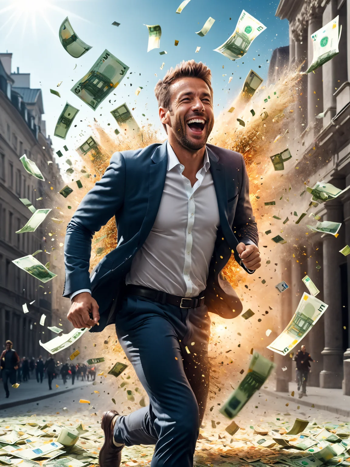 (euro-bills:1.4), (city:1.4), laughing man running through money explosion, <lora:Confetti_Explosion_SDXL:0.6> <lora:great_lighting:1> great lighting <lora:photorealistic_portrait:1> photorealistic portrait <lora:sd_xl_dpo_lora_v1:1> <lora:RMSDXL_Creative:1>, RAW photo, subject, 8k uhd, dslr, soft lighting, high quality, film grain, Fujifilm XT3