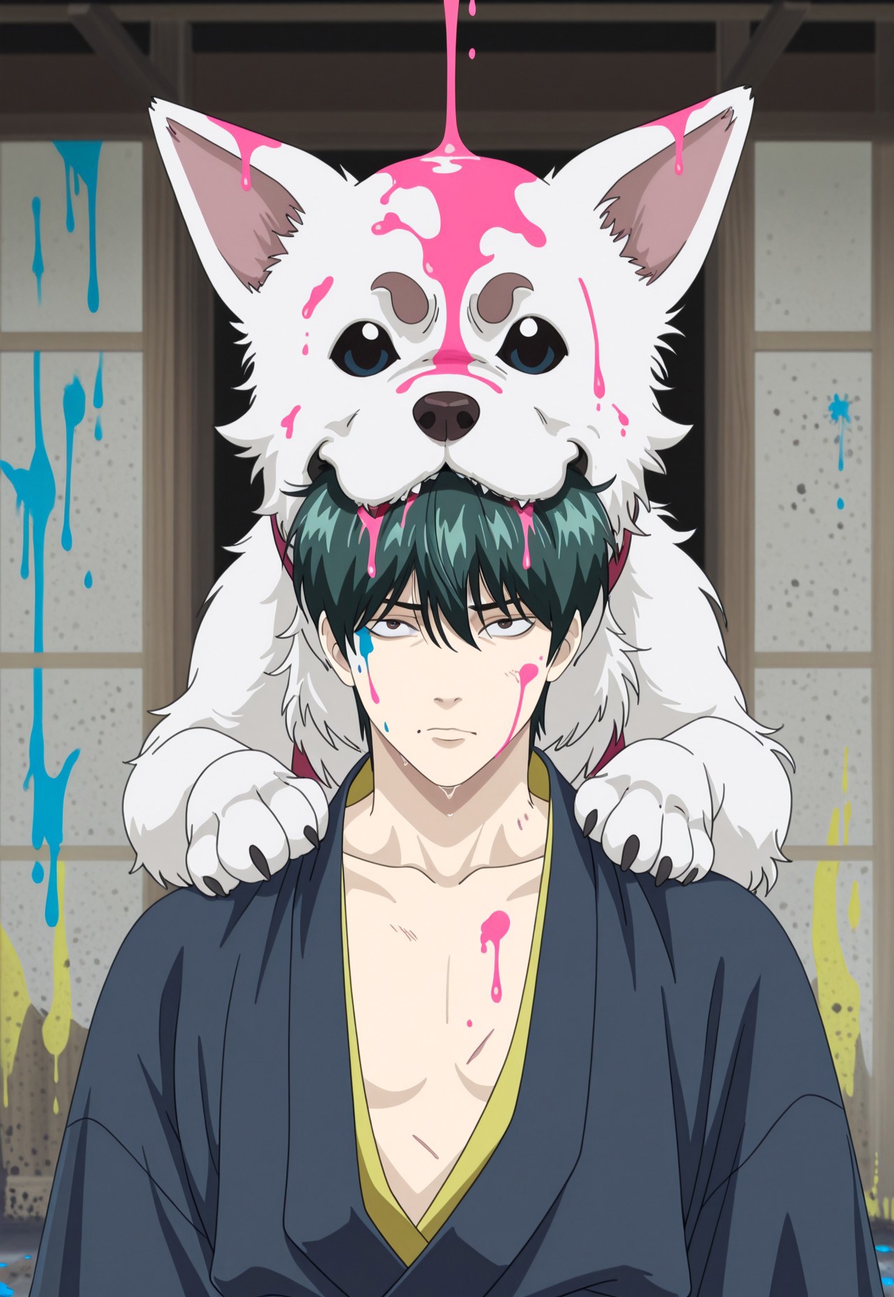 masterpiece, very aesthetic, high score, newest, best quality, G1NT4M4-KNX, 1boy, male focus, japanese clothes, open clothes, dog, paint dripping, pink paint, looking at viewer, kimono, animal, solo, dog munching on man's head, dog bite
