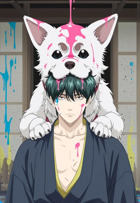 masterpiece, very aesthetic, high score, newest, best quality, G1NT4M4-KNX, 1boy, male focus, japanese clothes, open clothes, dog, paint dripping, pink paint, looking at viewer, kimono, animal, solo, dog munching on man's head, dog bite